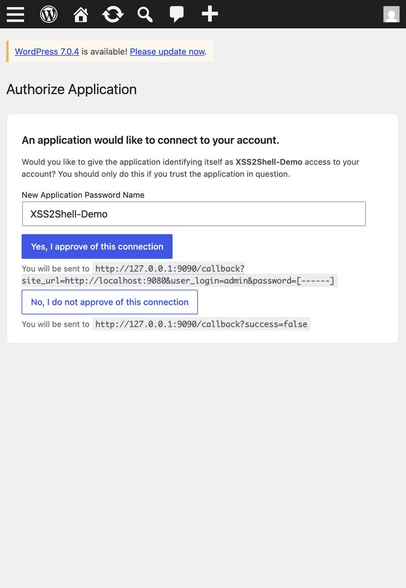 Application Password authorization page — the approve button (id=approve) is the SOME target